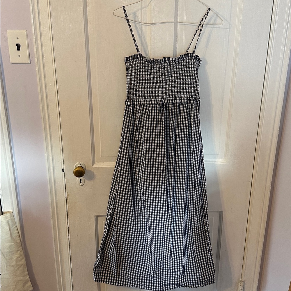 J. Crew Navy and White Sleeveless Gingham Midi Dress